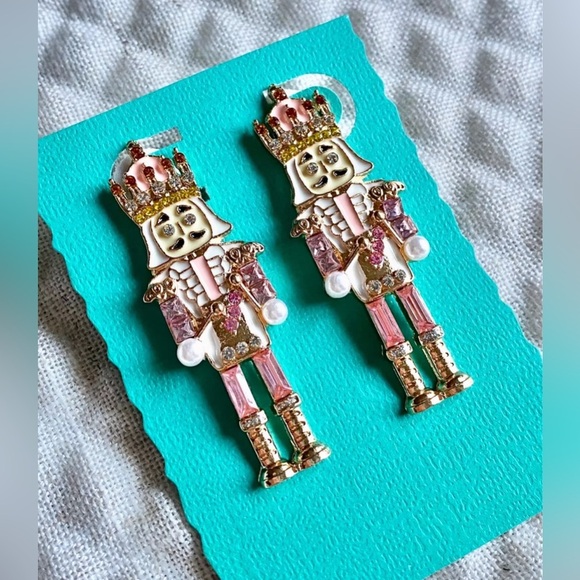 New Pink & Purple Christmas Nutcracker Crystal & Faux Pearl Statement Earrings - Picture 3 of 6